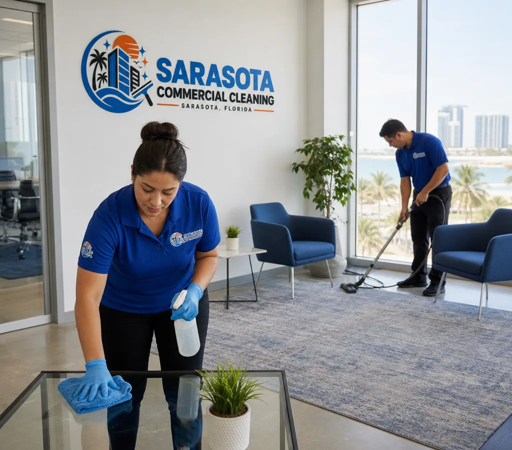 Professional cleaners servicing a Sarasota office common area and disinfecting high-touch points