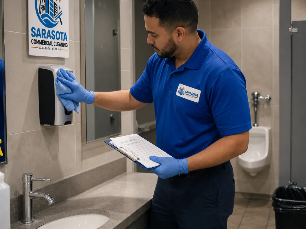 Cleaner disinfecting fixtures and stocking dispensers in a commercial restroom