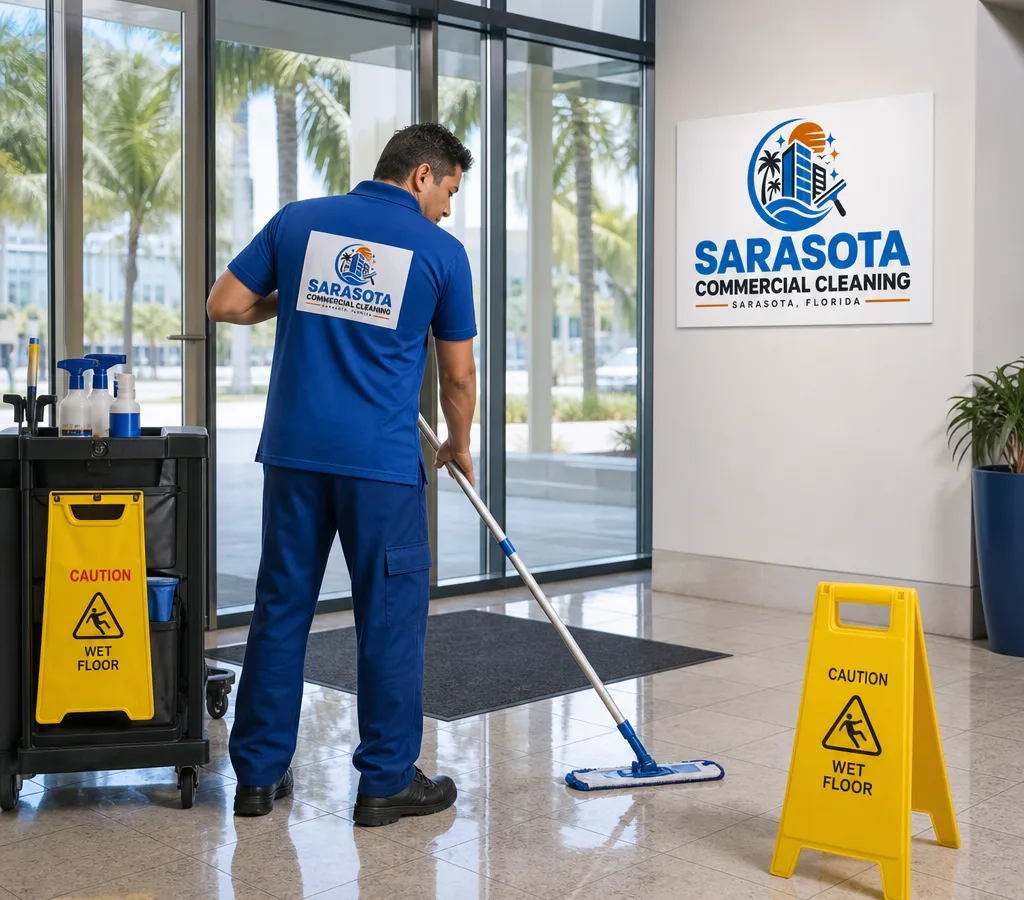 Day porter cleaning a Sarasota office lobby entrance with glass doors, hard floors, wet-floor signage, and a discreet cleaning cart