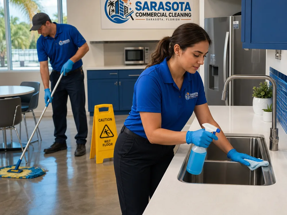 Commercial breakroom cleaning with sanitized countertops and sink, removed trash, mopped floors, and caution signage