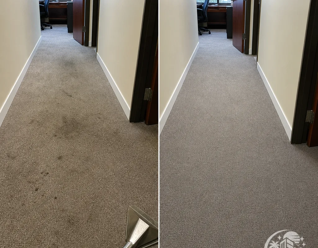 Before-and-after of a commercial office carpet traffic lane showing gray shading and spots replaced by an even refreshed appearance