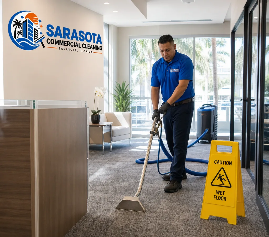 Technician cleaning commercial carpet in an occupied Sarasota office suite with low-profile equipment and caution signage