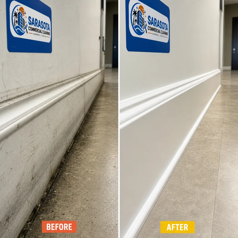 Cleaned baseboards and floor edges in a commercial hallway after deep scrubbing