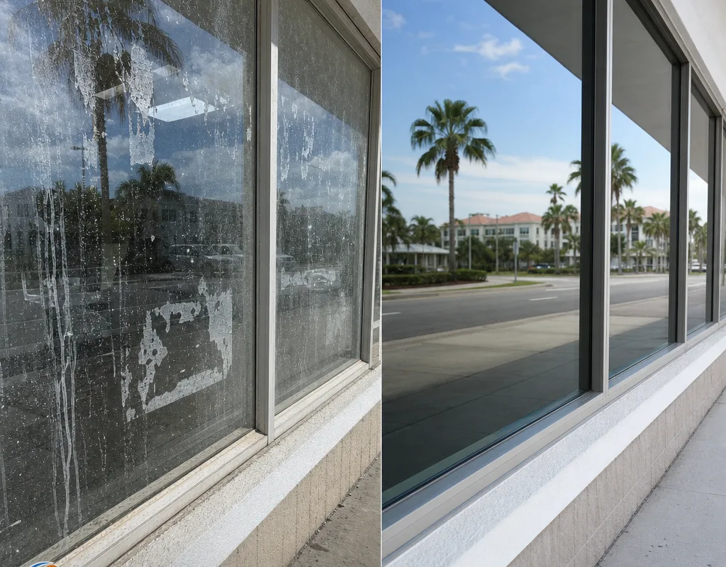 Before and after view of construction residue removed from storefront glass, frames, and tracks