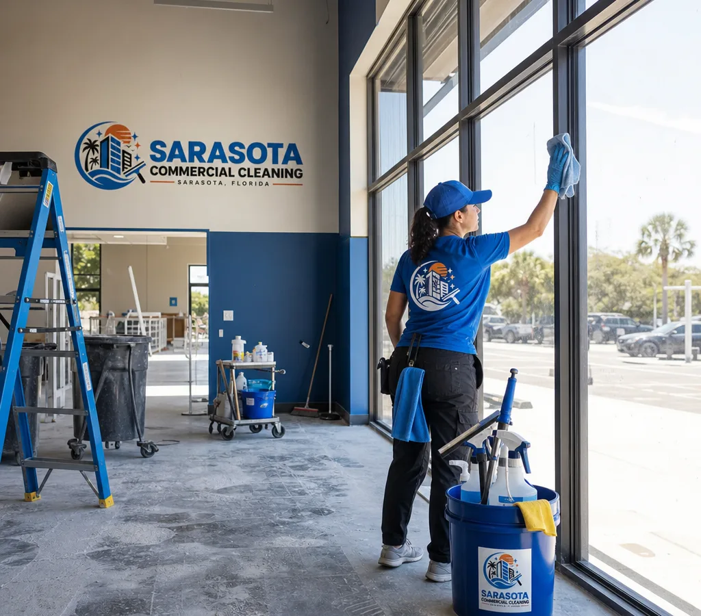 Cleaning technician removing construction dust from a commercial space near turnover