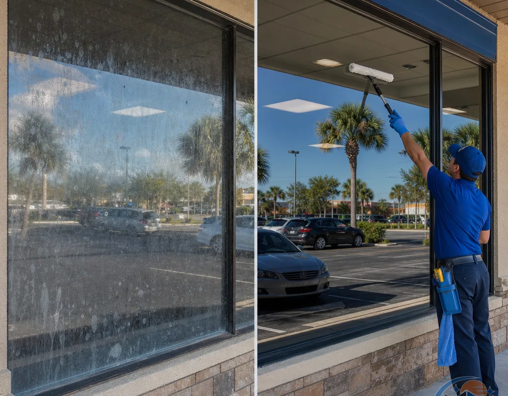 Storefront window before cleaning with fingerprints and haze compared with clear glass after cleaning