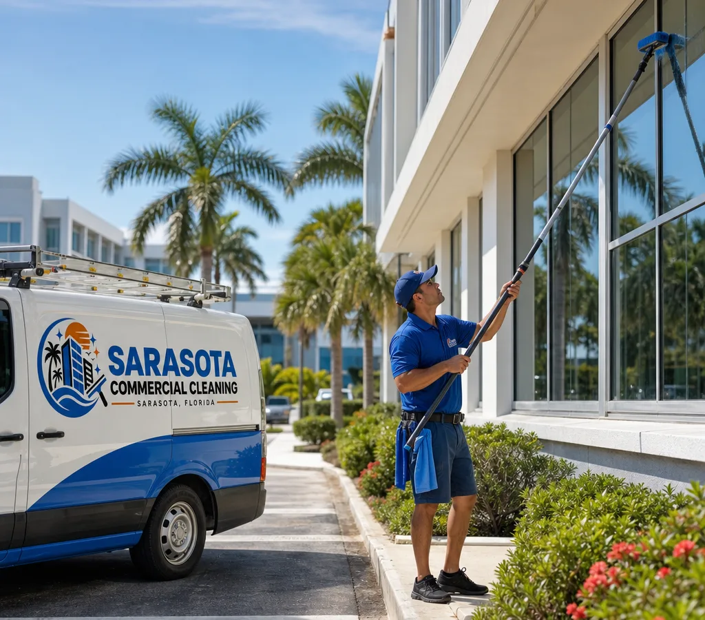 Professional window cleaner washing exterior office windows on a Sarasota commercial building