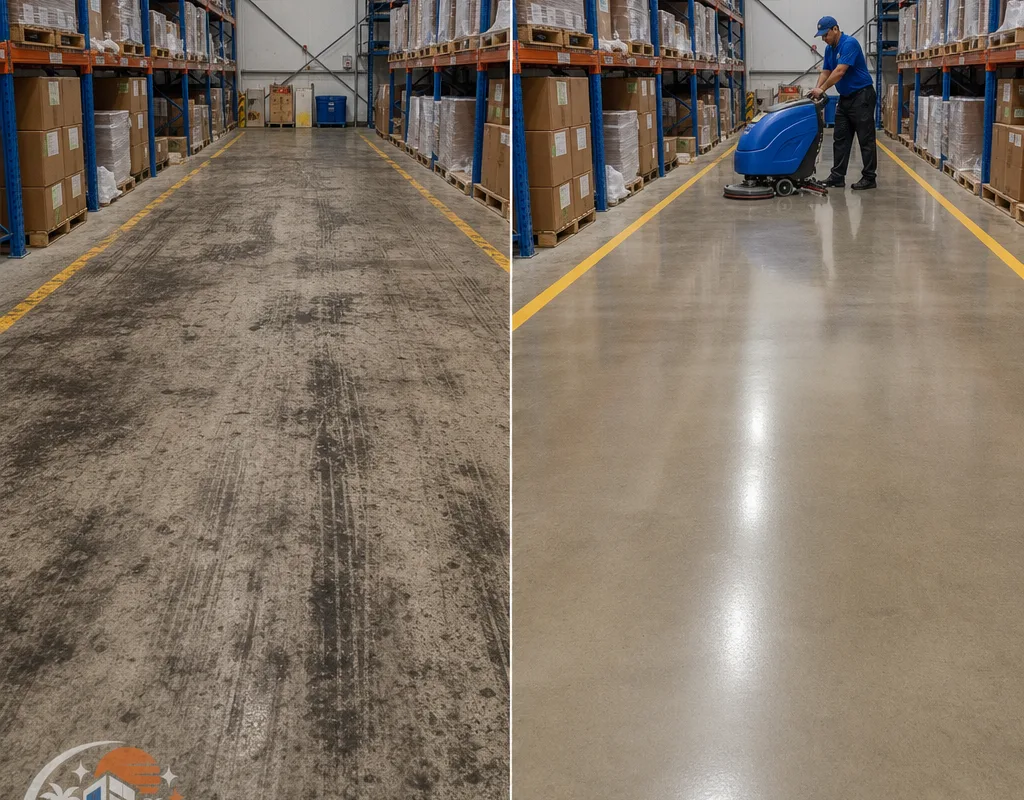 Warehouse aisle before and after machine scrubbing, showing embedded grime removed from sealed concrete