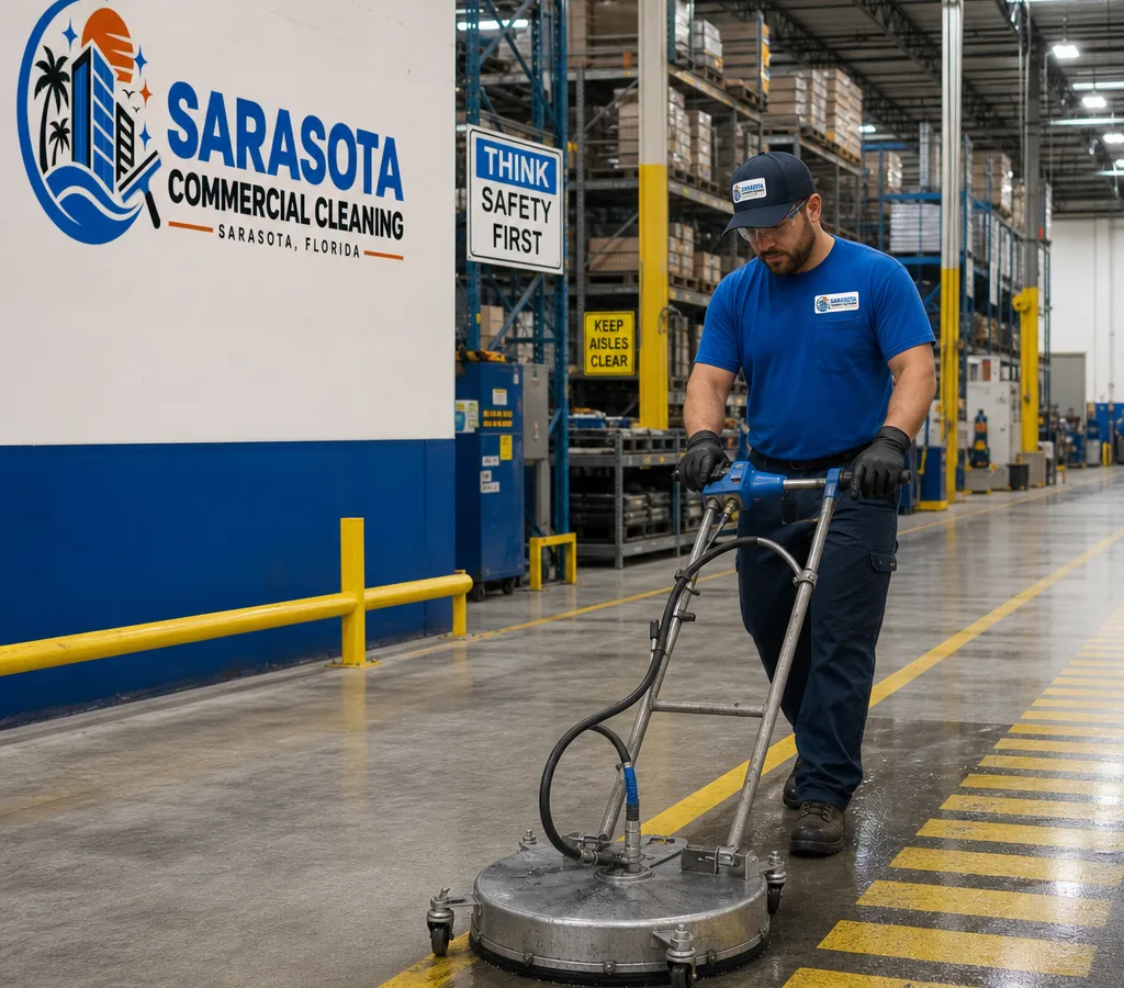 Cleaning technician in PPE using industrial equipment in a marked manufacturing plant aisle with safety signage and racking
