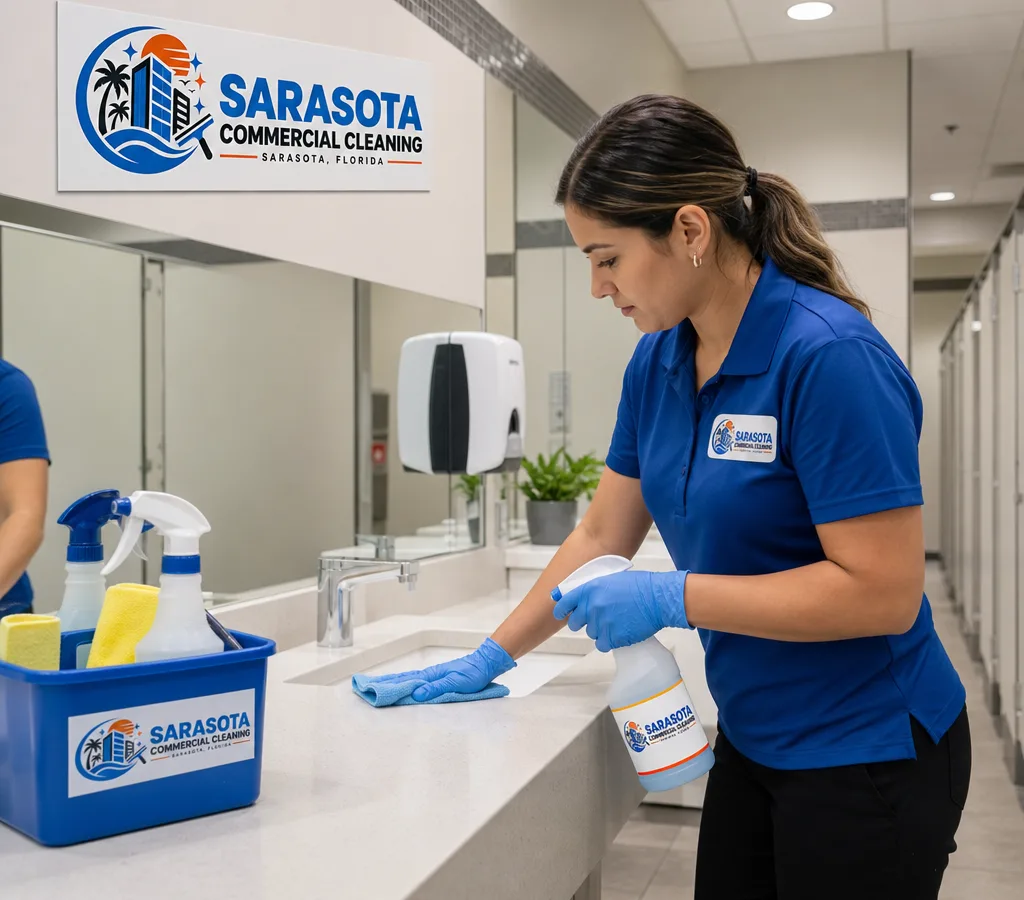 Professional cleaner disinfecting an office restroom sink area in a bright commercial restroom
