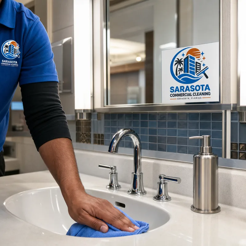 Freshly detailed restaurant restroom sink, mirror, faucet, and soap dispenser
