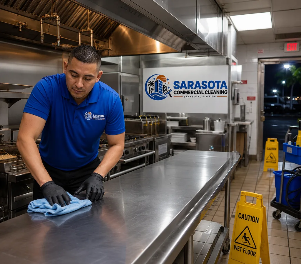After-hours technician cleaning stainless prep tables in a Sarasota commercial kitchen