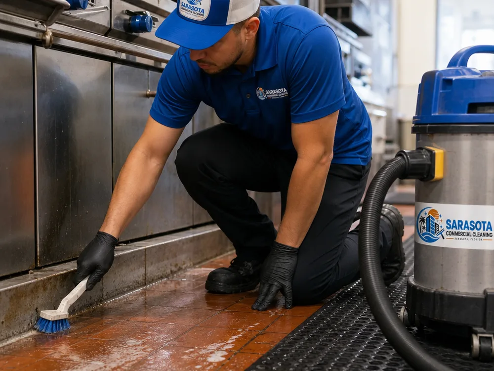 Technician scrubbing a greasy commercial kitchen floor edge and grout line