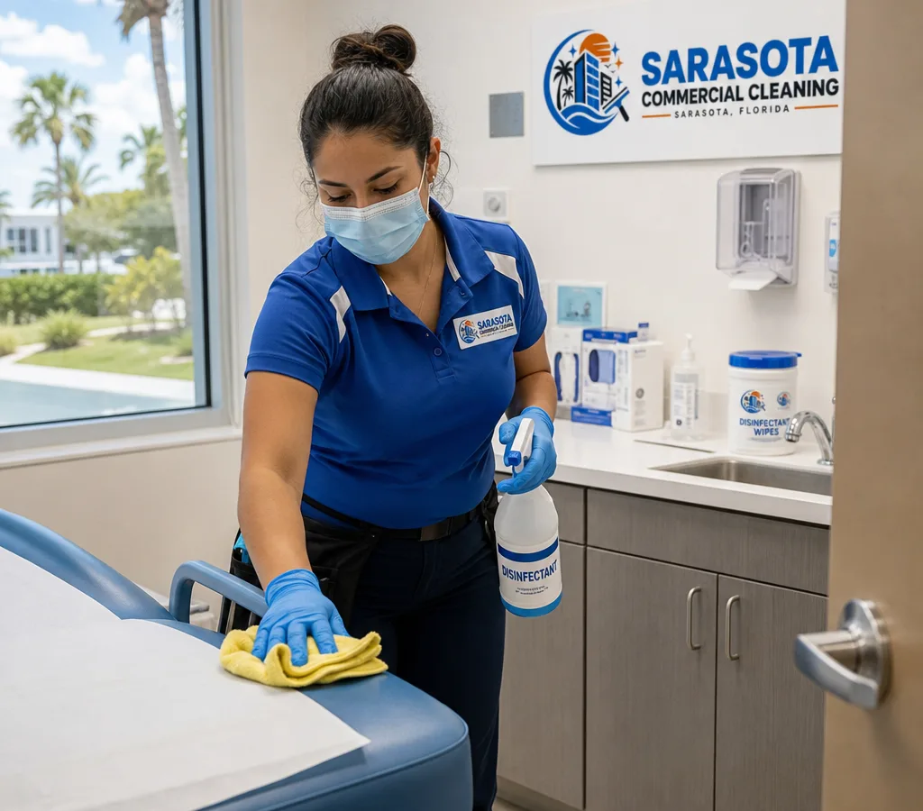 Cleaner wearing gloves and a mask disinfecting high-touch surfaces in a Sarasota medical exam room