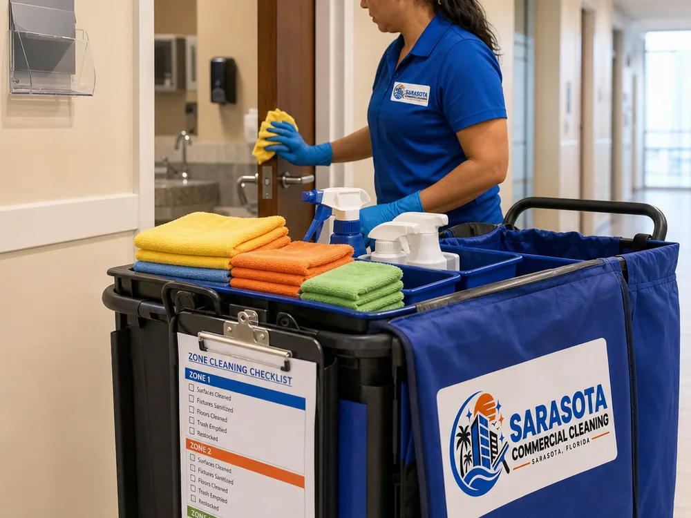 Labeled zone-cleaning cart with color-coded microfiber cloths and a checklist in a clinic hallway