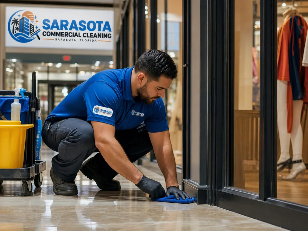 Night cleaning technician detailing baseboards and edges near shopping center storefront thresholds