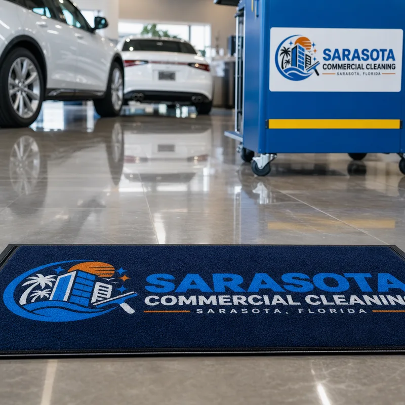 Clean glossy showroom floor and aligned entrance mat with display vehicles in soft focus