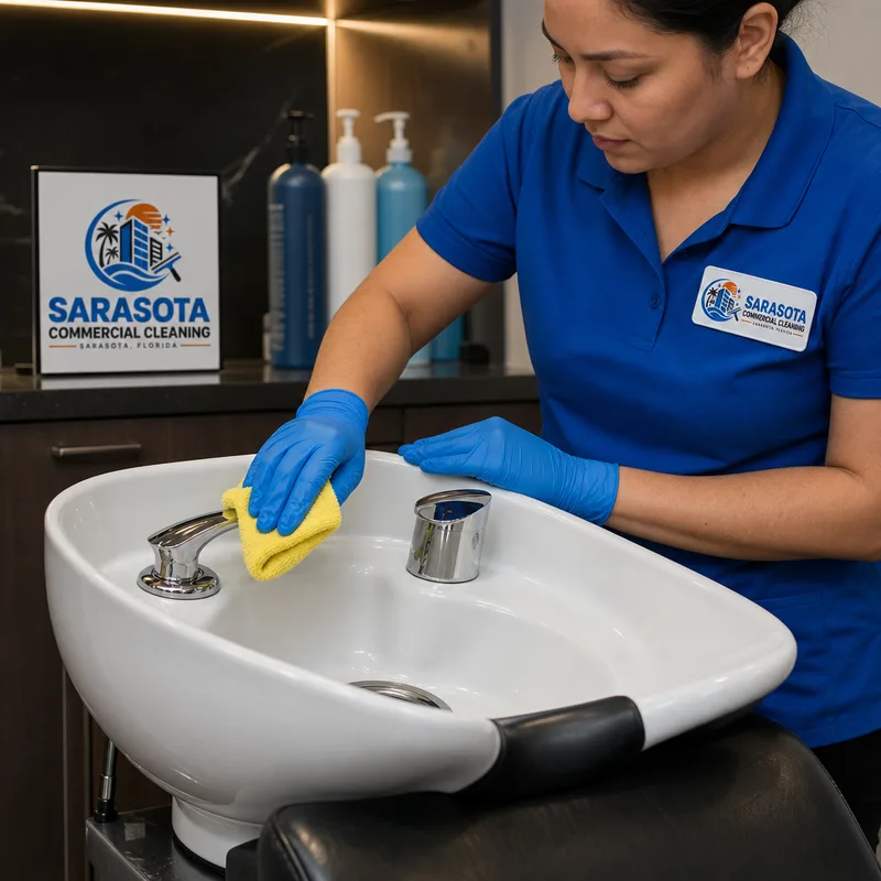 Cleaned salon shampoo bowl with polished fixtures and residue-free counter surfaces