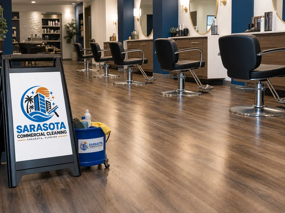 Clean salon floor beneath styling stations with clear paths and a dry streak-free finish