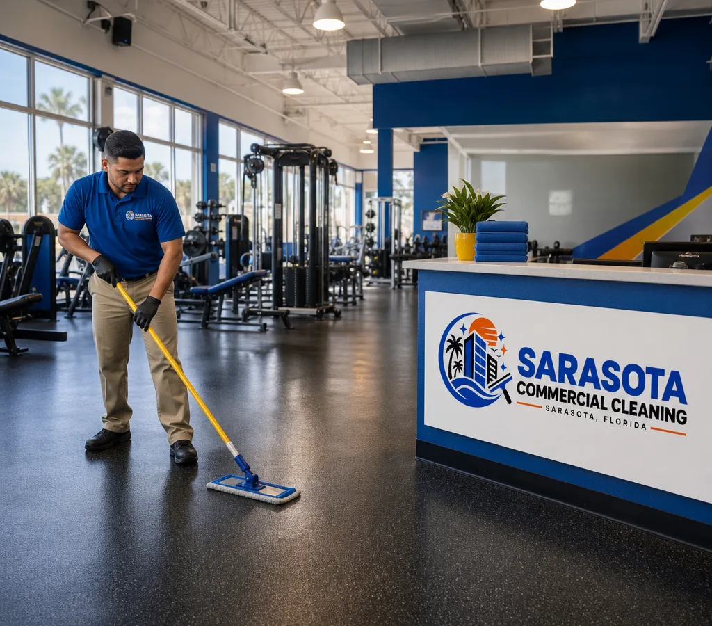 Early-morning view of a clean modern Sarasota gym with freshly mopped rubber flooring, wiped equipment, and a tidy front desk