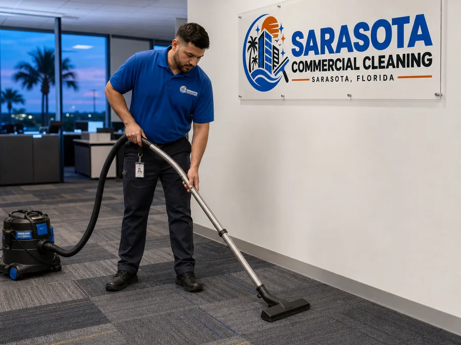 Technician using a water-fed pole to clean second-story commercial windows from the ground