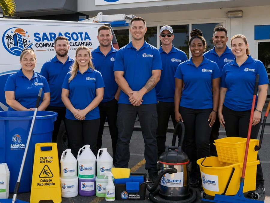 Uniformed Sarasota commercial cleaning team with professional equipment and supplies