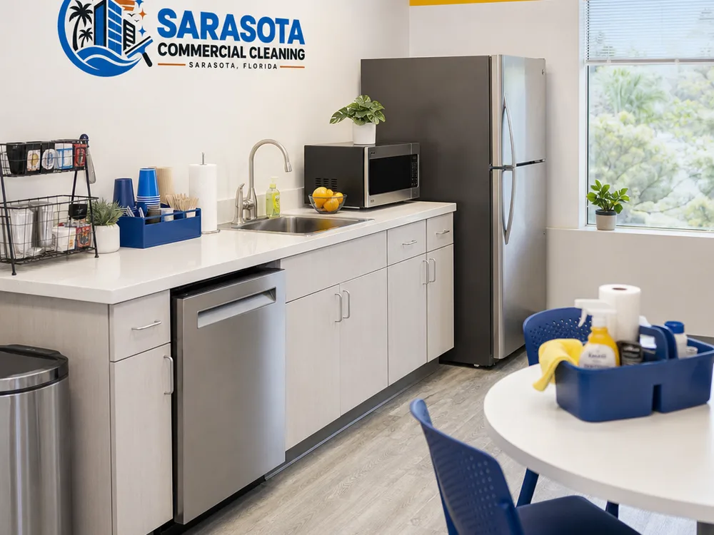 Commercial office breakroom reset with sanitized counters, sink, appliance exteriors, and neatly staged supplies